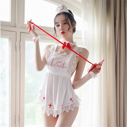 Hot Sexy Lingerie Hospital Nurse Uniform Apron Maid Outfit Erotic Bow Dress Temptation Role Play Costume Women Cosplay Underwear