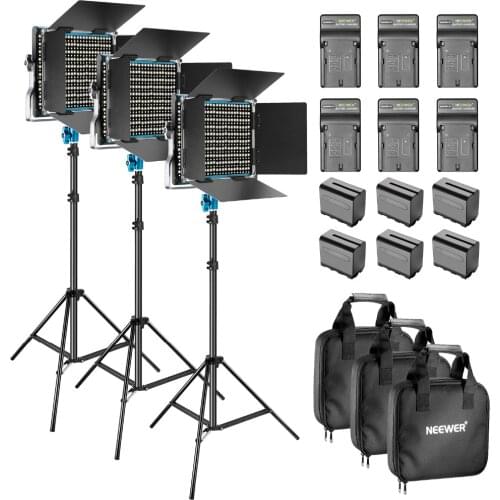 Neewer 3-Pack Dimmable Bi-color 660 Photo Studio LED Video Light with 2m Light Stand 6-pack Rechargeable 6600mAh Battery Youtube