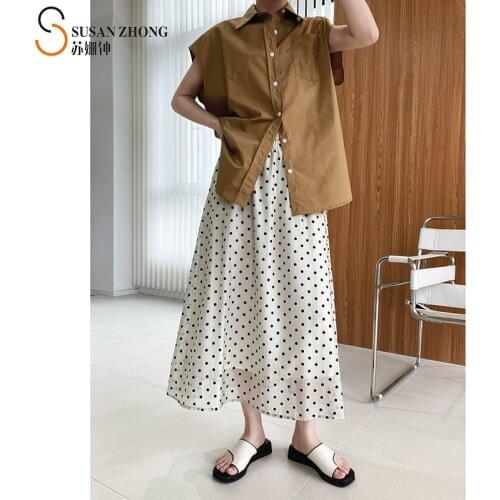 Women Summer Skirt A-Line High Waist Elastic Flocking Dot Pattern Anckle Length Romantic Elegant Korean Fashion Beige Long Cozy