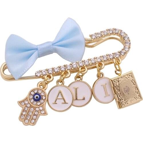 Customise english name islam hamsa hand of fatima Allah quran book Baby brooch Pin