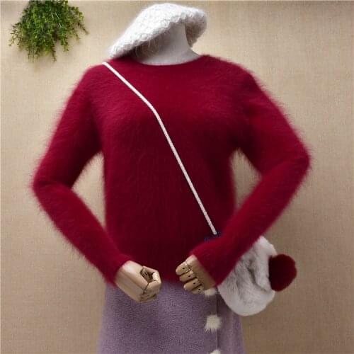 Ladies women fashion red hairy mink cashmere knitted long sleeves o-neck slim blouses pullover angora fur jumper sweater pull