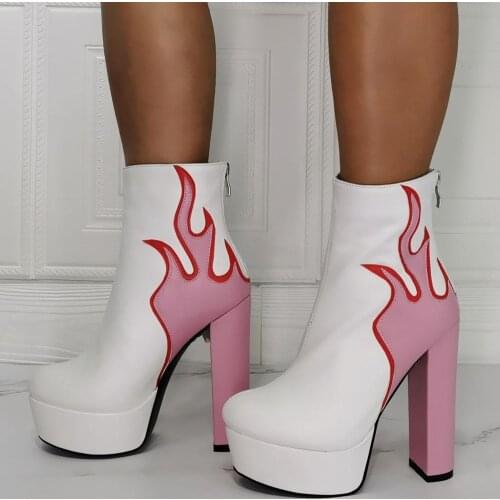 Contrast Color Fire Print Women Winter Ankle Boots High Heels Women Shoes Manufacturer in China Customized Big Size 47