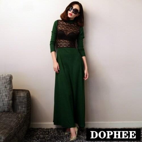 Maxi Dress Spring Autumn Sexy Cutout Lace Patchwork Knitting Casual Dress Womens Plus Size Full Sleeve Slim Floor Length Dress