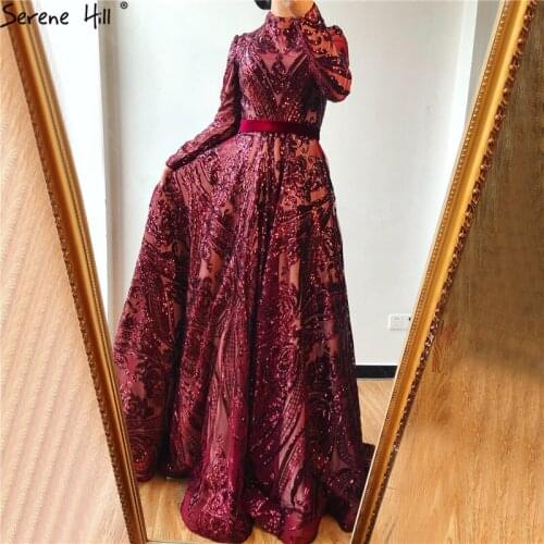 Serene Hill Burgundy Luxury A-Line With Train Evening Gown 2021 Modest Long Sleeves For Muslim Women Formal Party Dress CLA60799