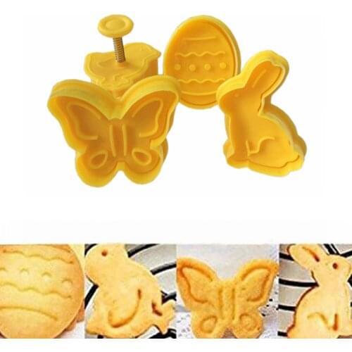 4Pcs/Set Food Grade Plastic Cookie Mold Biscuit Cutter Baking Tools Plunger Fondant Butterfly Rabbit Chick Easter Egg Mould
