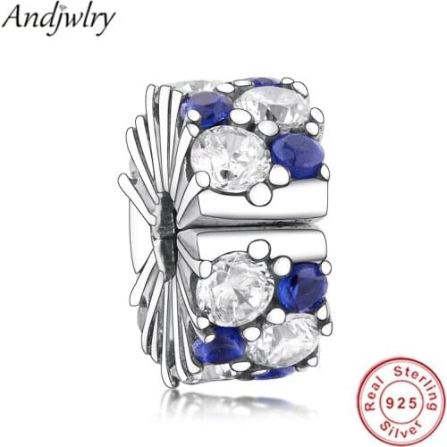925 Sterling Silver Clear & Blue Sparkling Clip Charm Fit Original Pandora Charm Bracelet Pendant Silver 925 Jewelry Berloque