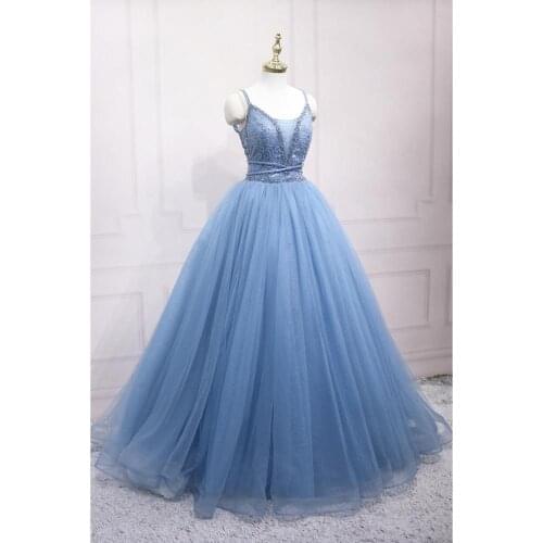 Sparkling Blue Ball Gown Prom Dresses Spaghetti Backless Evening Dress Beaded Top
