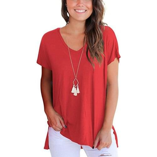 Short Sleeve Split Fork Hem T Shirt Women Solid Color V Neck Casual Loose Simplicity Style Tee Shirt Plus Size Ladies Tops
