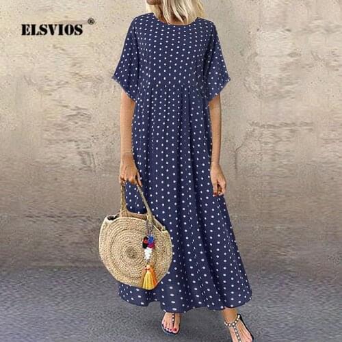New Round Neck Half Sleeve Fashion Polka Dot Print Dress Summer Casual Waist Slimming Streetwear Women Loose Beach Maxi Vestidos