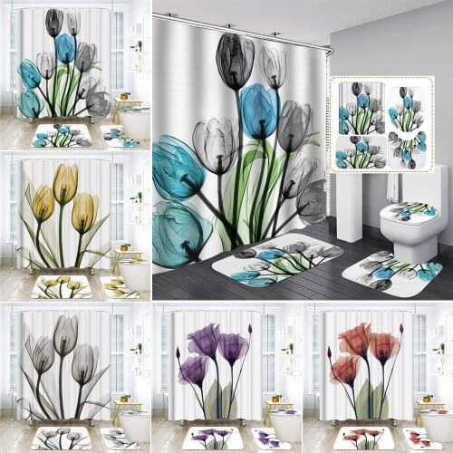 Colorful Flower Print Bathroom Sets with Shower Curtains and Rugs Durable Waterproof Shower Curtain Toilet Cover Mat Non-Slip