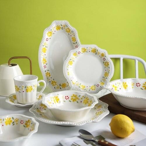 Korean Style Ins Style Small Yellow Flower Ceramic Tableware Household Rice Bowl Fruit Salad Bowls Dish Fish Plate Kitchenware