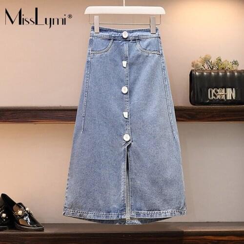 MissLymi L-4XL Women Trendy Button Denim Skirt Summer 2021 Plus Size Korean Loose Casual Single Breasted Jeans Slit Skirt Female