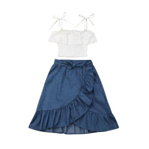 2pcs Fashion Kid Baby Girl Lace Solid Sling Sleeveless Top+Ruffle Denim Skirt Outfits Summer Clothes Set