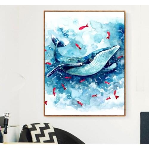 Watercolor Sea Whale Fish Wall Art Canvas Painting Nordic Posters And Prints Animals Wall Pictures Baby Kids Room Bedroom Decor