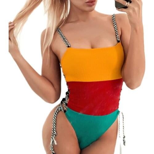 New Three Color Pacthwork Women Bandage One Piece Swimsuit Monokini Swimwear Stroje K Pielowe Damskie