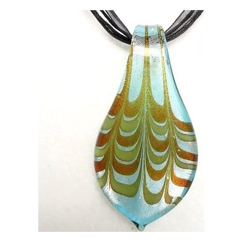 RED SNAKE Murano Glass Blue Green Sliver Peacock Feather Shape Pendant Necklace