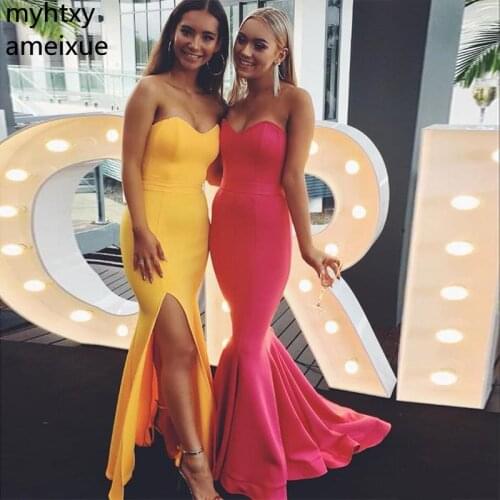 Simple Red And Yellow Mermaid Custom Evening Dresses Sweetheart Satin Long Gowns Cheap Floor Length Noche Party Robe De Soiree