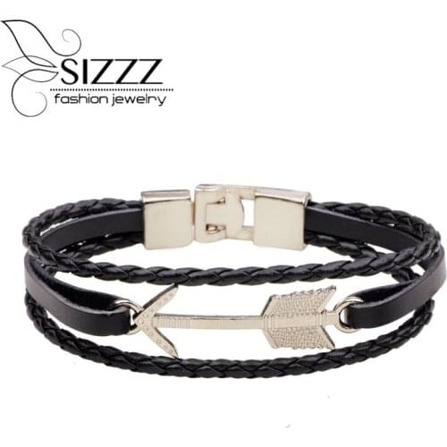 SIZZZ 22.8cm Long Hot Selling Navy Style Alloy Arrow Bracelet Leather Braided Bracelet For Women/Men