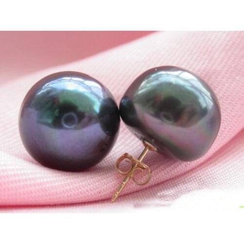 New Fine Unique Pearls Jewellery Huge 15mm Black Freshwater Pearl Gold Stud Earring Wedding Birthday Women Gift