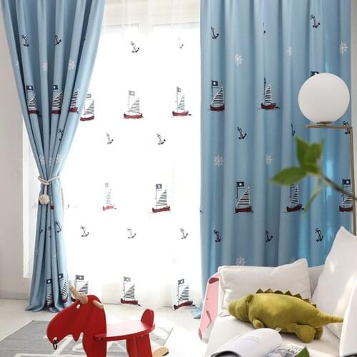 Modern Embroidered Bedroom Mediterranean Blackout Curtain Cartoon Finished Boy ChildrenS Room Pirate Sailing Blue