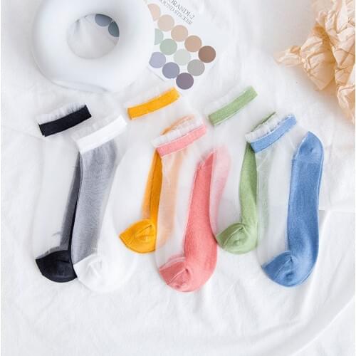 Women Socks Fishnet Lace Transparent New Ultrathin Colorful Mesh Female Sexy Silk Glass Sheer Ankle Socks white black pink sox