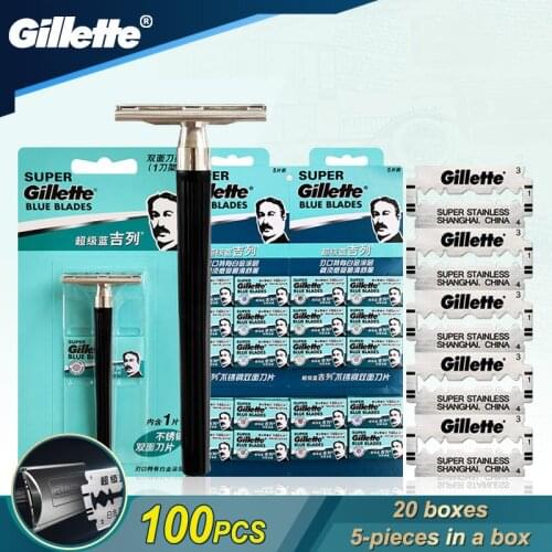 Gillette Super Blue Shaving Razor Blades Mens Shaver Knife Blades Double Edge Super Blue Case Platinum Coated WIth Handle