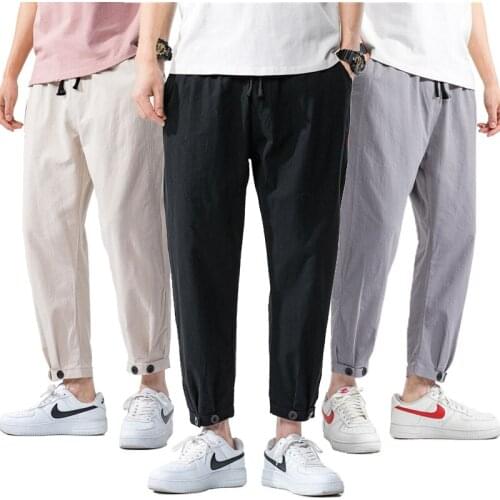 Summer new style mens trousers linen drawstring jogging casual pants pure color mens home pants