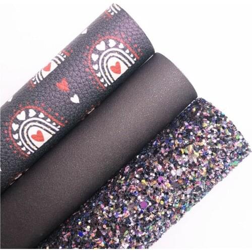Black Chunky Glitter Leather Matching with Rainbow Printed Synthetic Faux Vinyl Fabric Leather Sheets for DIY Bows 21X29CM
