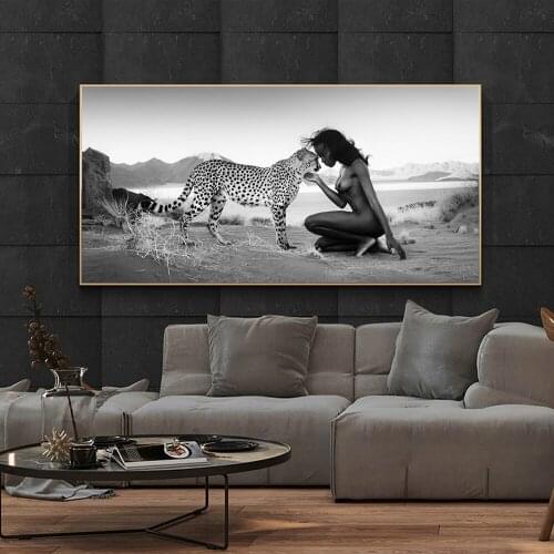 Black Woman With Cheetah Canvas Art Posters And Prints Wild Animals Landscape Canvas Paintings on the Wall Nordic Art Pictures
