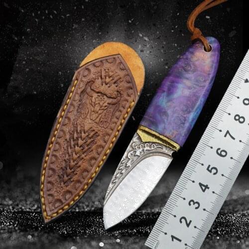 Phantom - small olive collection knife/imported forging Damascus core steel (85 layers) blade carving parthenocissus leaf totem