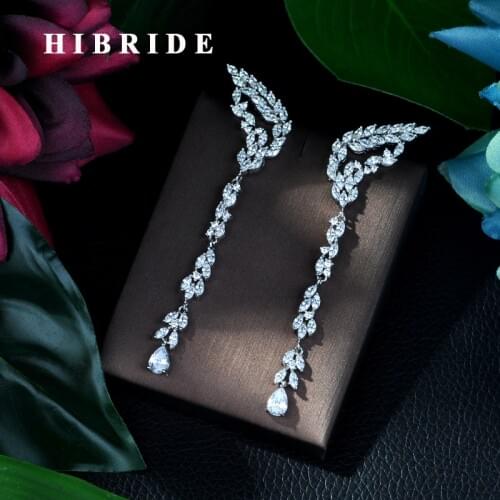 HIBRIDE Elegant Long Earrings for Wedding Party Top Quality AAA Clear Cubic Zirconia Crystal Vintage Drop Earrings Bijoux E-55