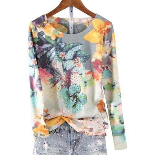 Cotton Women T-shirts 2021 Summer New Fashion Diamond Printed Floral Long-sleeved Lady Top Tees All Match Bottoming Tops