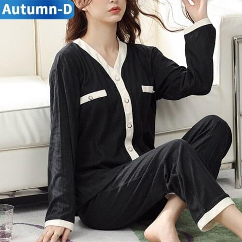Autumn Fashion Pajamas Sets For Women Cotton Sleepwear Long Sleeve Pijama Femal Soild Home Clothes Trouser Suit V Neck Nightwear