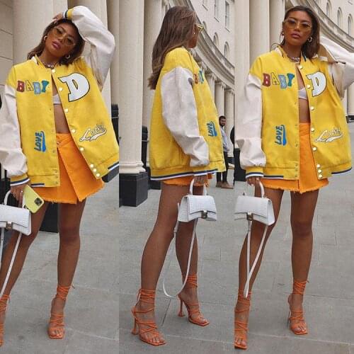 Echoine Autmn Winter Casual Y2K Yellow Patchwork Letter Print Jacket Oversize Baseball Uniform Female Coats Tops Outwear Coat
