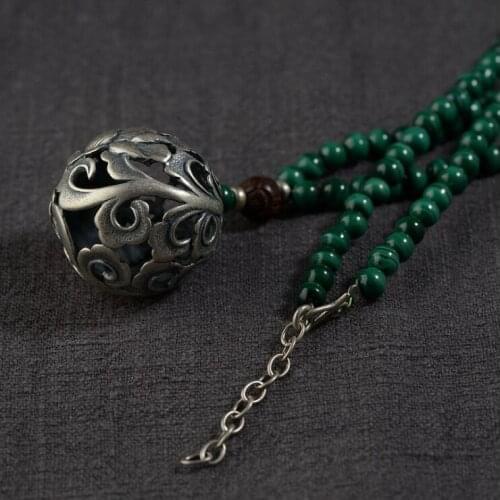 Real S925 Solid Silver Inlaid Malachite Set DIY Peony Womens Sweater Chain