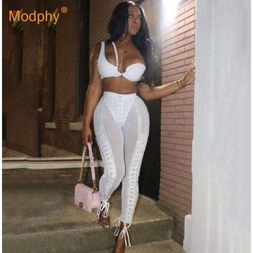2020 new fashion sexy white womens set one-shoulder top & tpencil trousers 2 two-piece club celebrity party Bodycon pants set