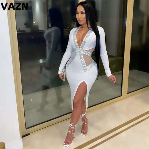 VAZN New Special Elegant Fashion Mujer Chic Ladies Slim Holiday Dress 2020 Full Sleeve Deep V-neck Lady Dress