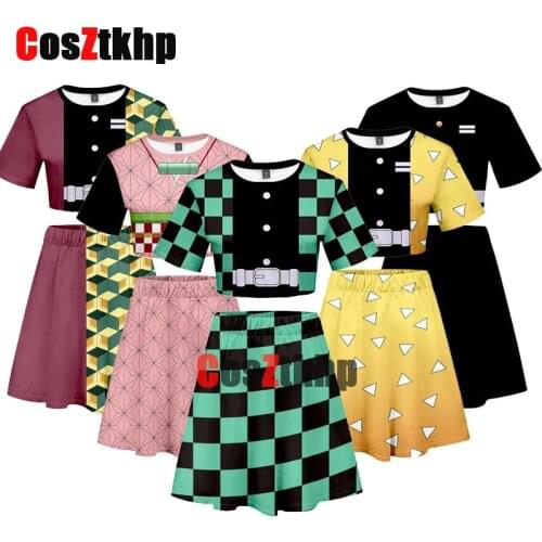New Demon Slayer T-shirt and Skirt Suits Kimetsu no Yaiba Woman Exposed Navel Outfit Costume Kamado Nezuko Skirts Kochou Shinobu