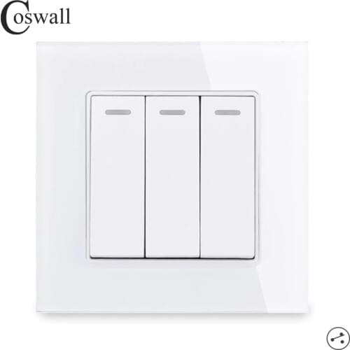 COSWALL 3 Gang 2 Way Luxury Crystal Glass Panel Light Switch On / Off Pass Through Wall Switch 16A