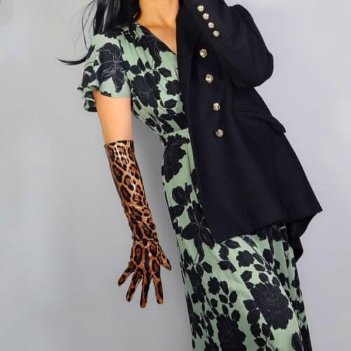 Leopard Long Gloves 50cm Female Faux Leather Bright Patent Leather Women Leather Gloves Brown Leopard Slim Hand WPU288