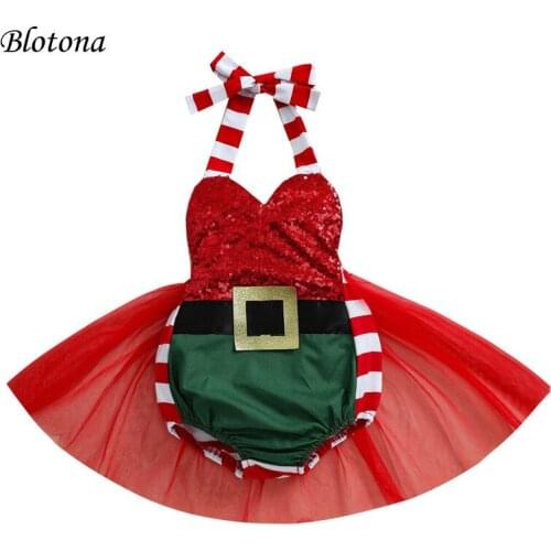 Blotona Baby Girls Christmas Rompers, Sequined Stripes Tied Halter Neck Sleeveless Backless Badysuit Tutu Skirt, 0-24 Months