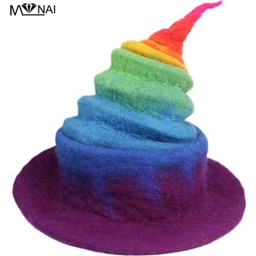 Witch Hat Halloween Street Popular Funny Creative Hats Rainbow Wizard Handmade Woolen Felt Hat Head Wear Cosplay Party