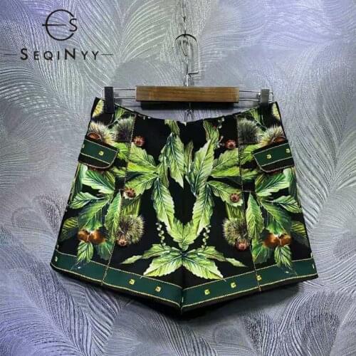 SEQINYY Sicily Style Shorts 2021 Summer Spring New Fashion Design Women Green Leaf Chestnut Print High Quality Crystal Button