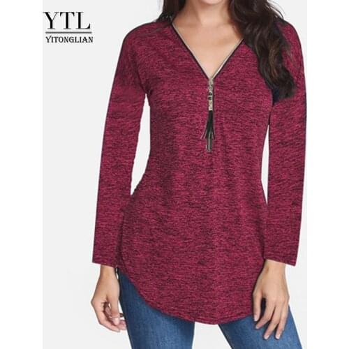 Yitonglian Womens Autumn Fashion Long Sleeve Casual Zip Up Tassel Tunic Tops Plus Size Cotton Blouse for Work H188