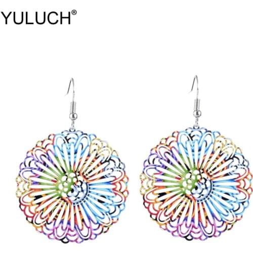 YULUCH Bohemian Round Hollow Multicolor Metal Alloy Flower Pendant Earrings Ethnic Indian Hanging Earrings For Women Girls Party