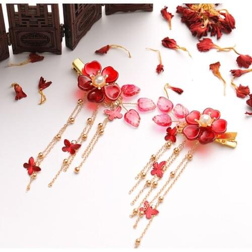 2pcs Butterfly Hair Clip Red Flower Pearls Hairpins Chinese Fashion Barrette Women Hanfu Dress Hair Jewelry Accessories Ornament