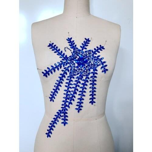 ZBROH Handmade royalblue sew on Rhinestones applique crystal patches with stones sequins beads for dress 33*20cm