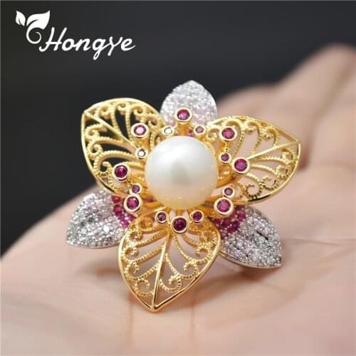 Hongye Double Layer Fine Brooches Woman Real Gold Hollow Flower Brooch Pin AAA Zircon Natural Pearl Pins Fashion Jewelry