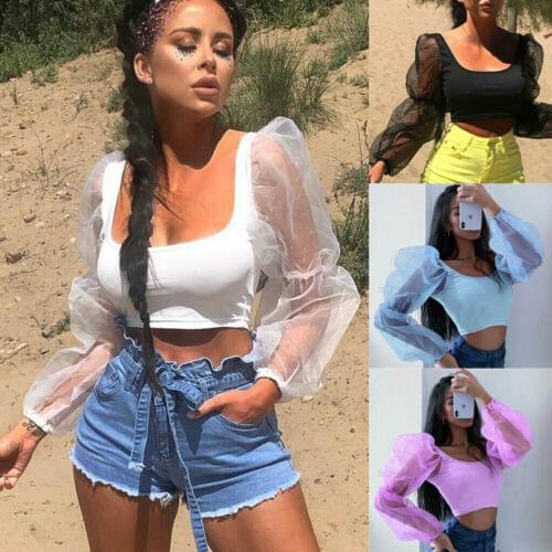 Women Summer Slim Casual Organza Bubble Sleeve Cropped Tops Sheer Low Cut Mesh Puff Sleeve Shirts Crop Tops Stylish Sexy Blouse