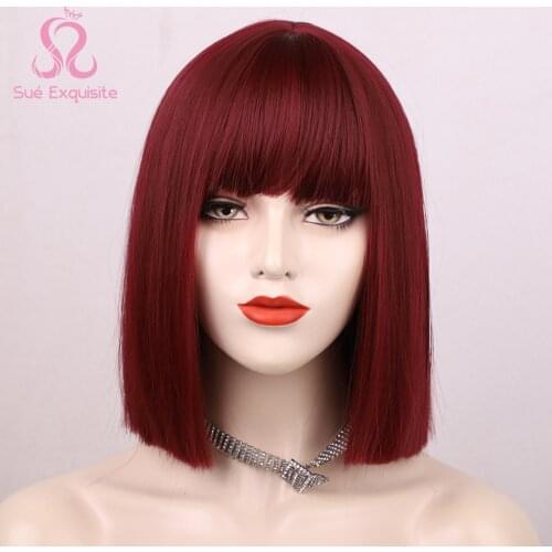 SUe EXQUISITE Synthetic Wigs for Black Women Short Bob Wig With Bangs Cosplay Wigs Red Black Pink wig Short Straight Wigs